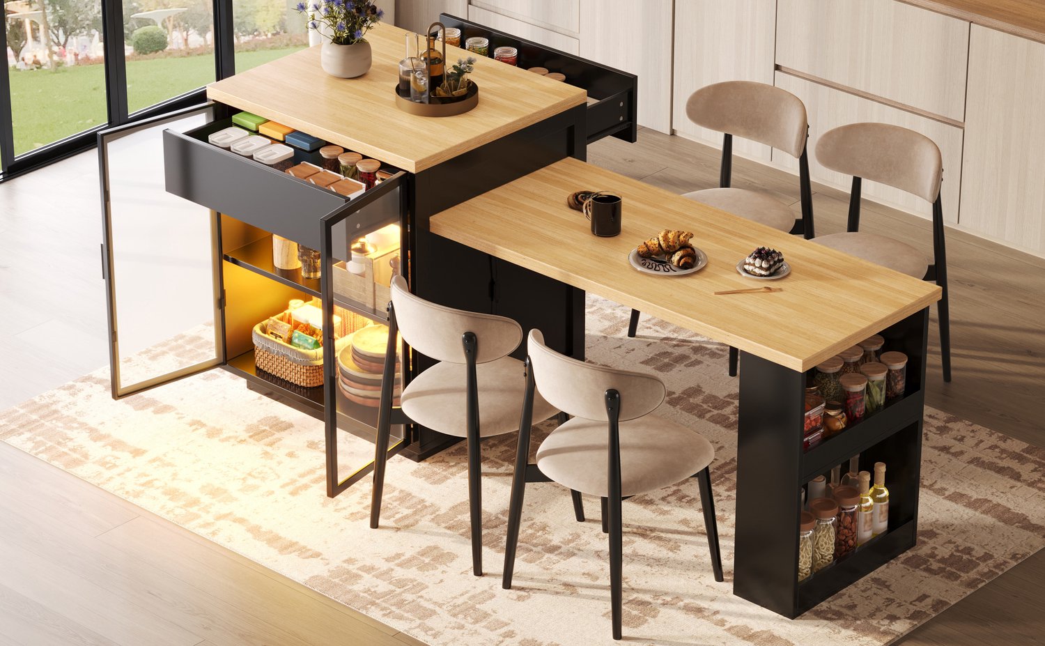 FloraGrace Eettafel - Uitschuifbare Keukeneilandtafel Met LED-Verlichting En Opbergruimte - MDF En Metaal - 122-194,5x70x94 Cm - Zwart