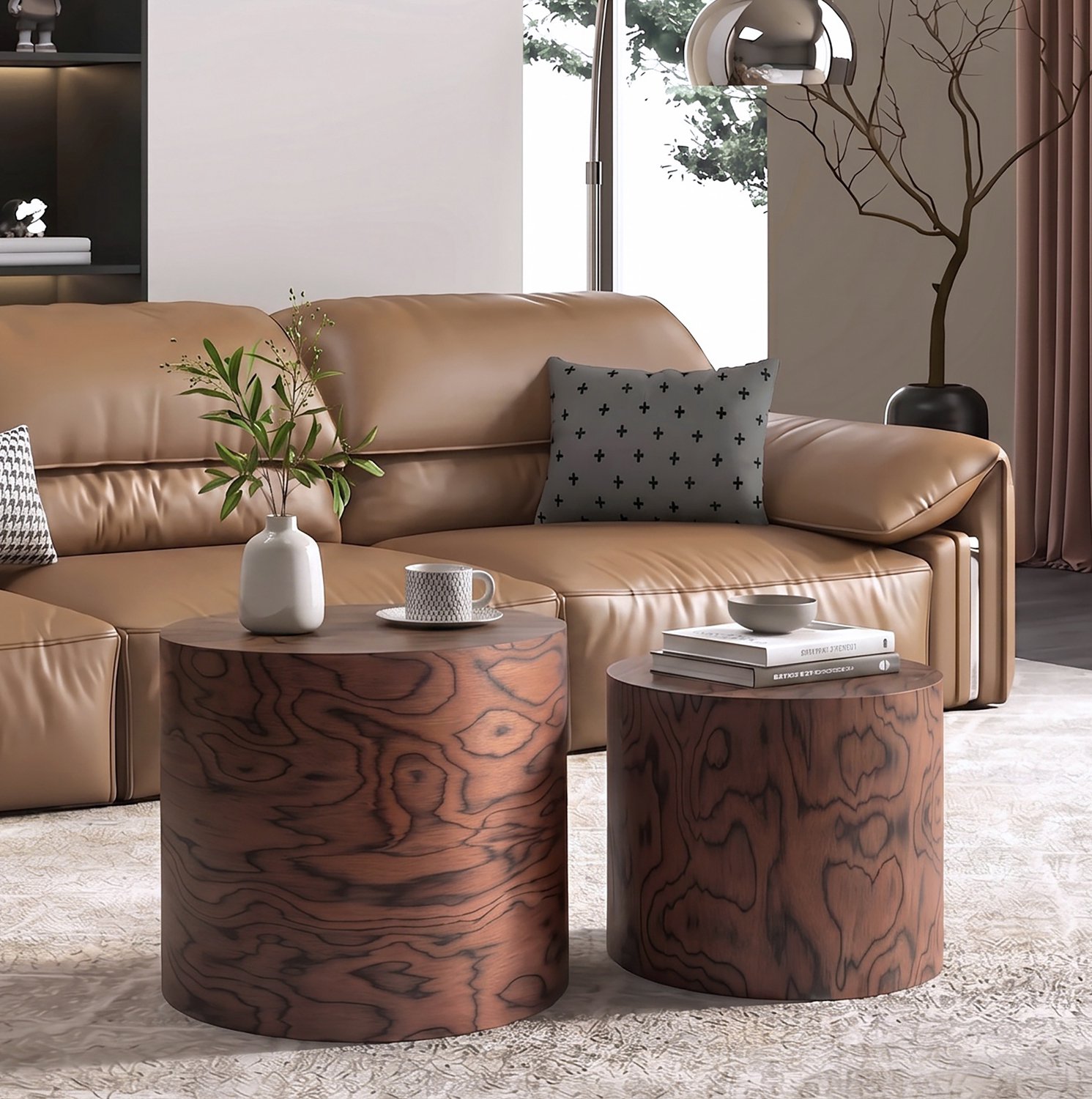 FloraGrace Salontafelset - Twee Ronde Inschuifbare Tafels - Voor Woonkamer En Slaapkamer - MDF Met Houtnerf - 48 x 48 x 38 Cm - Donkerbruin