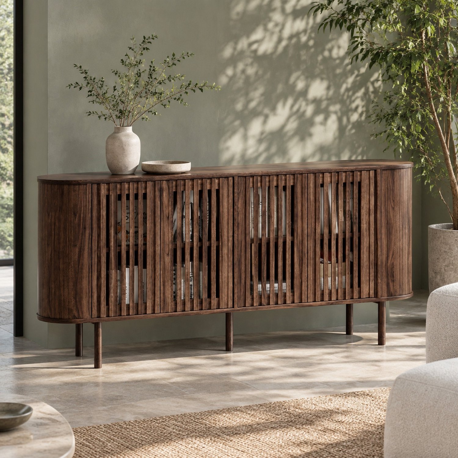 MODFU Dressoir Met 4 Schuifdeuren - Verstelbare Planken - MDF - Walnootkleur - 160x40x70 Cm