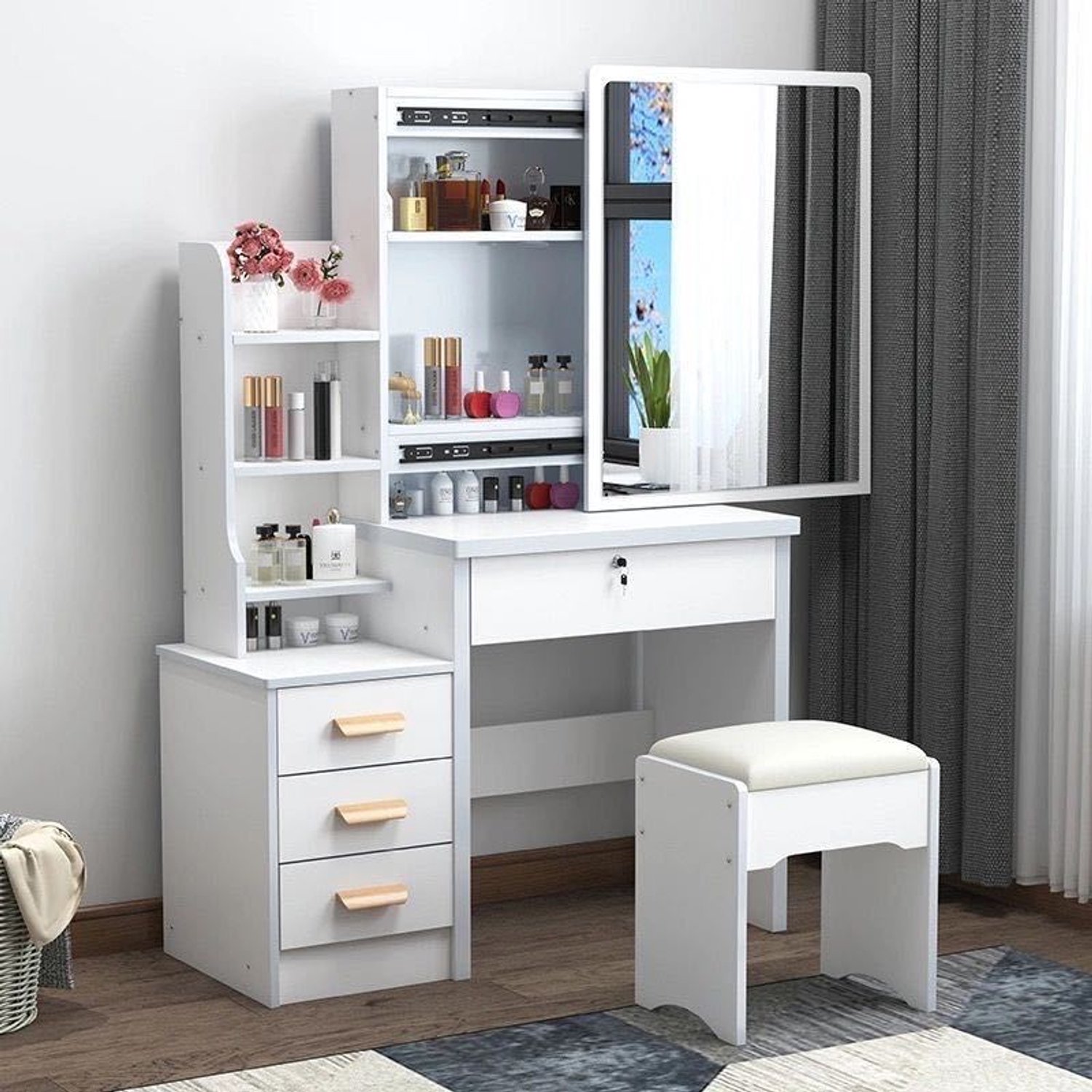 learnlogic Kaptafel en make-upmeubelset met stoel (inclusief spiegel) of kaptafel met lades gemaakt van bewerkt hout geschikt voor thuisgebruik of make-upstudio's (wit, high-definition spiegel) Afmetingen 80*36*125 cm