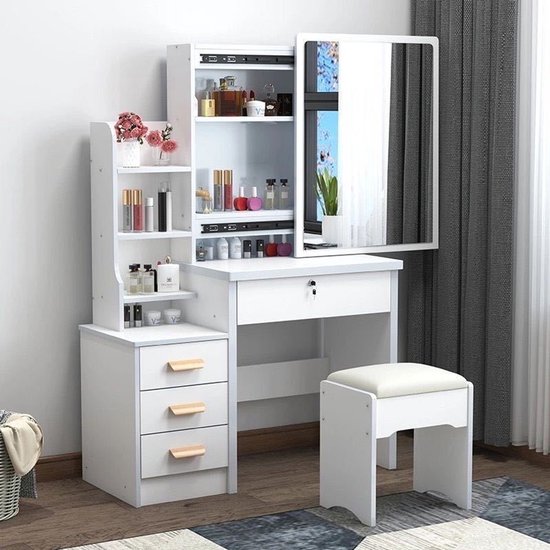 Witte kaptafel met lades, zijplanken, spiegel en bijpassende kruk.