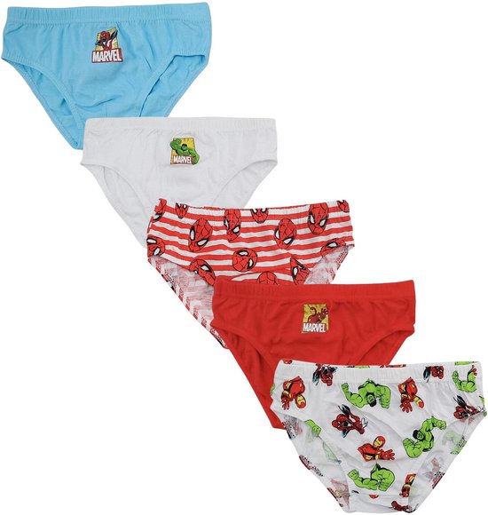 Set van vijf Marvel-onderbroeken in rood, wit en blauw met verschillende superheldenprints.