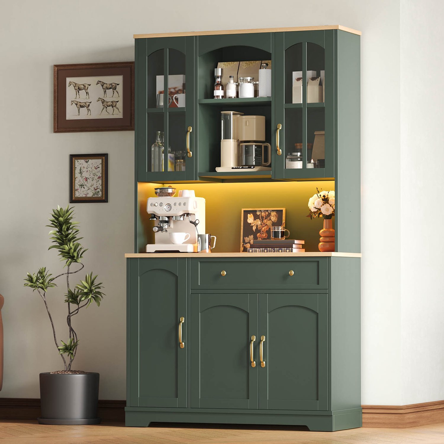 MODENUIT Keukenkast RGB-Ledverlichting – 100 x 38 x 176 cm – MDF – Groen – Gehard Glas, Lade en Open Planken