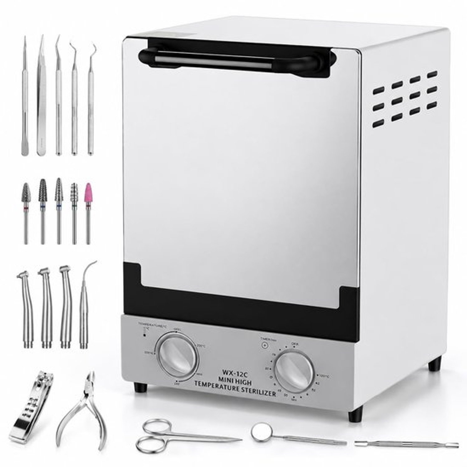 Autoclaaf sterilisator, 12 liter, 1000 W, dubbele infrarood droogverwarming met 30 minuten timer en 250 °C temperatuurregeling, heteluchtsterilisator voor nagelgereedschap, tandheelkunde, geneeskunde