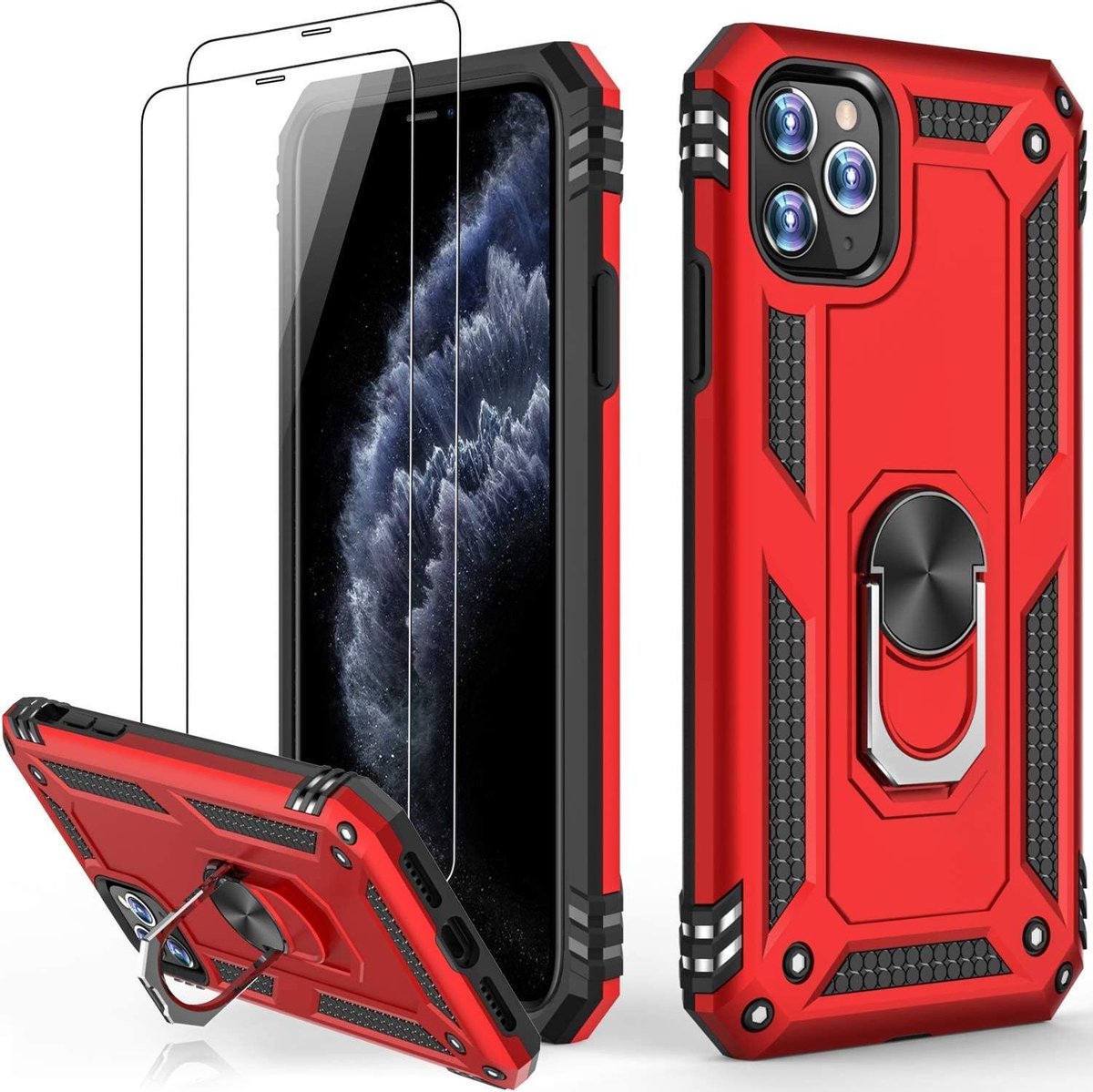 Telefoonhoesje Geschikt voor: iPhone 11 Pro hoesje Schokbestendige ring armor met 2X Glas Screenprotector rood
