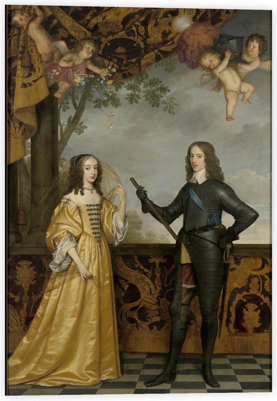 Dibond - Oude meesters - Portret Willem II & echtgenote, Gerard van Honthorst - 40x60cm Foto op Aluminium (Wanddecoratie van metaal)