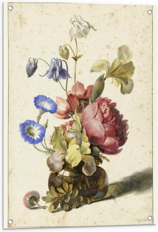 Tuinposter – Oude meesters - Bloemen in een fles, Dirck de Bray, 1674 - 60x90cm Foto op Tuinposter  (wanddecoratie voor buiten en binnen)