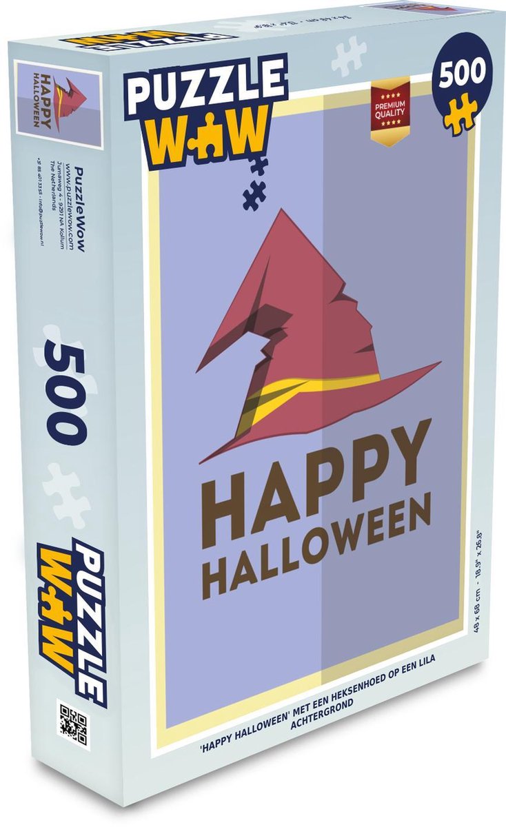 Afbeelding van product Puzzel 500 stukjes Halloween - 'Happy Halloween' met een heksenhoed op een lila achtergrond - PuzzleWow heeft +100000 puzzels