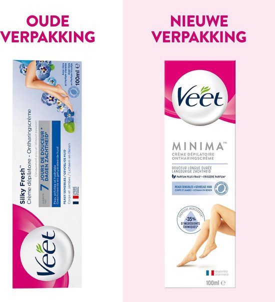 Vergelijking van oude en nieuwe verpakking van Veet ontharingscrème. De oude verpakking heeft een blauw-wit design met bloemen. De nieuwe verpakking is roze met het Veet logo en een afbeelding van benen.