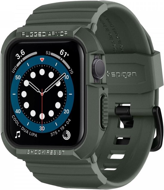 Groene Spigen Rugged Armor Pro hoes en bandje voor Apple Watch. "Rugged Armor" en "Shock Resist" zijn op de hoes gedrukt. Spigen logo zichtbaar.