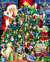 Dielay - Diamond Painting Pakket - Serie Kerstmis - Kerstman en Elfen bij Kerstboom - 50x40 cm - Complete Set - Volledige Bedekking - Ronde Steentjes