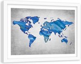 Foto in frame , Wereld in blauw tinten , Wereldkaart , 120x80cm ,wanddecoratie ,Premium print