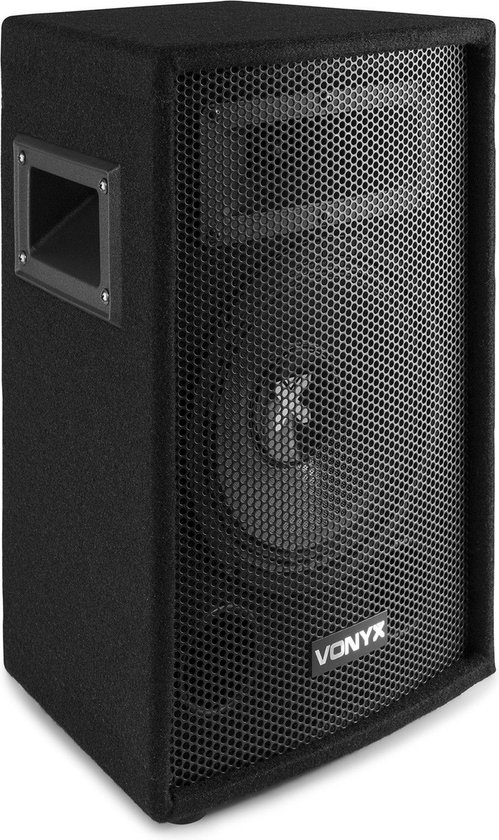 Zwarte Vonyx SL8 PA Disco Speaker met metalen grill, Vonyx logo en handgreep.