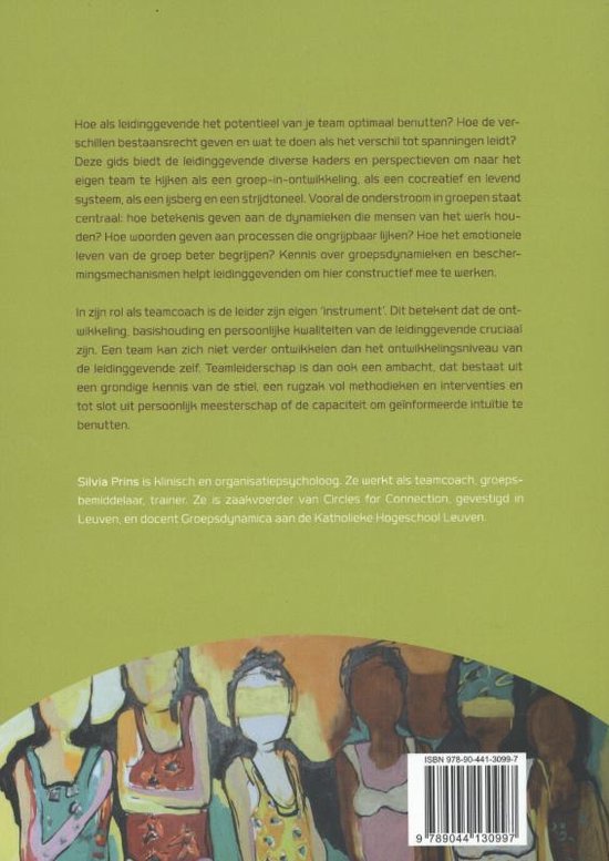 Boekomslag met tekst over teamleiderschap en een illustratie van een groep mensen.