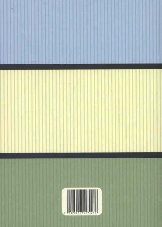 Achterkant van een boek met drie gekleurde horizontale banen en een barcode.