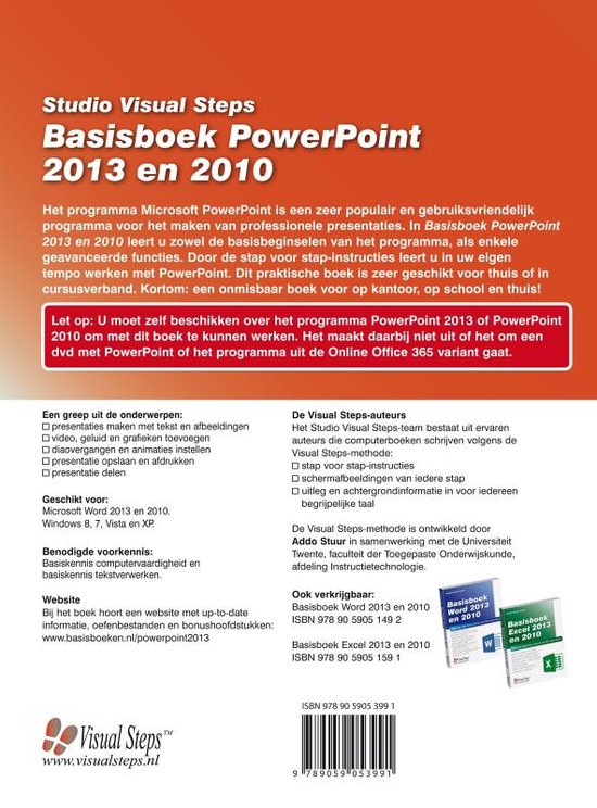 Achterkant van het Basisboek PowerPoint 2013 en 2010 van Visual Steps.