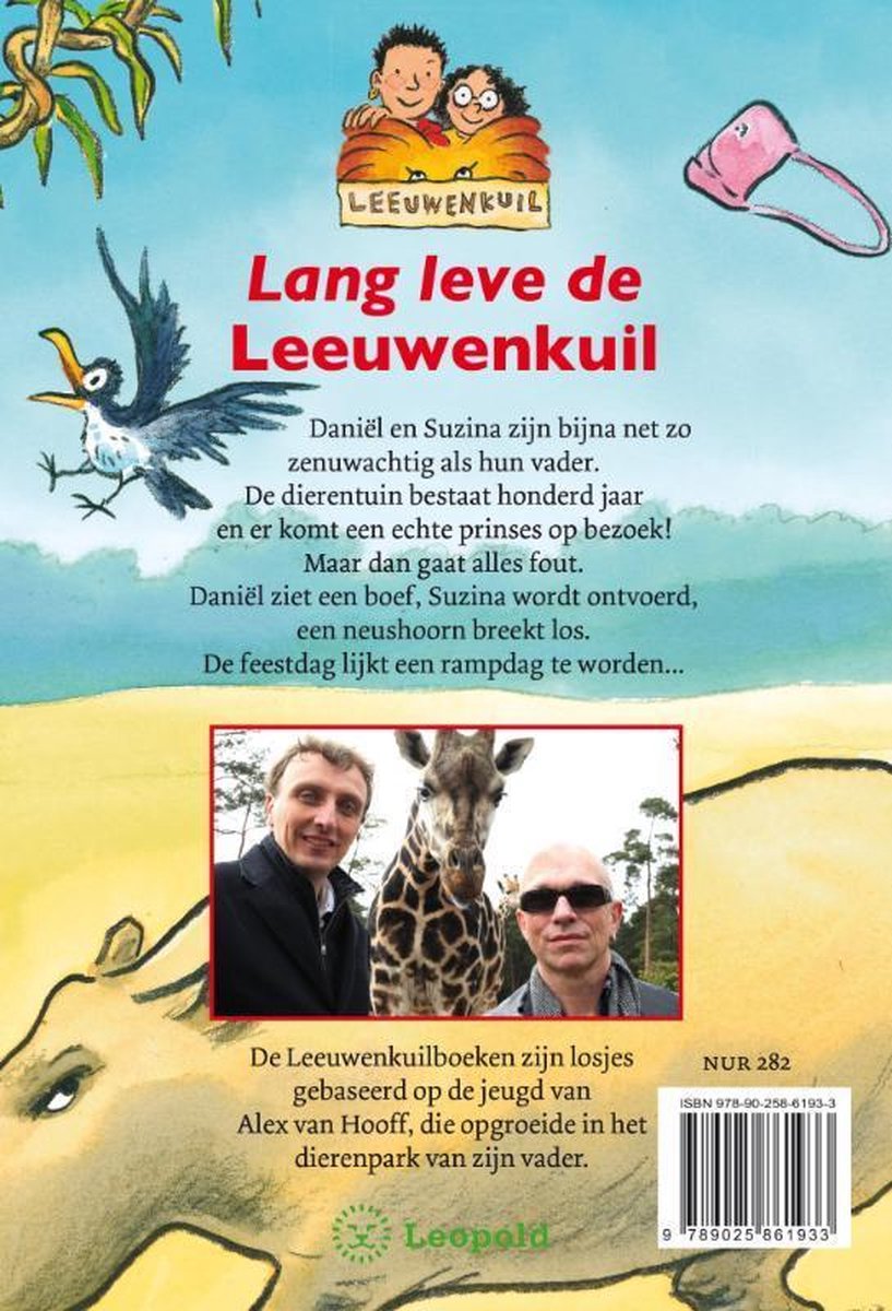 Achterkant van het boek: kinderen, dieren en tekst over het verhaal. Titel: Lang leve de Leeuwenkuil.