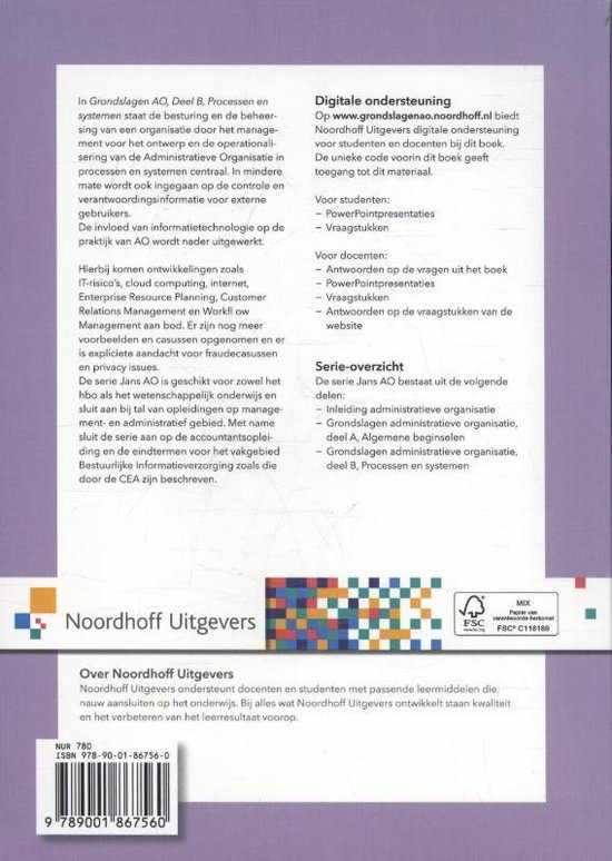Achterkant van het boek met informatie over de inhoud, de uitgever Noordhoff Uitgevers en ISBN.