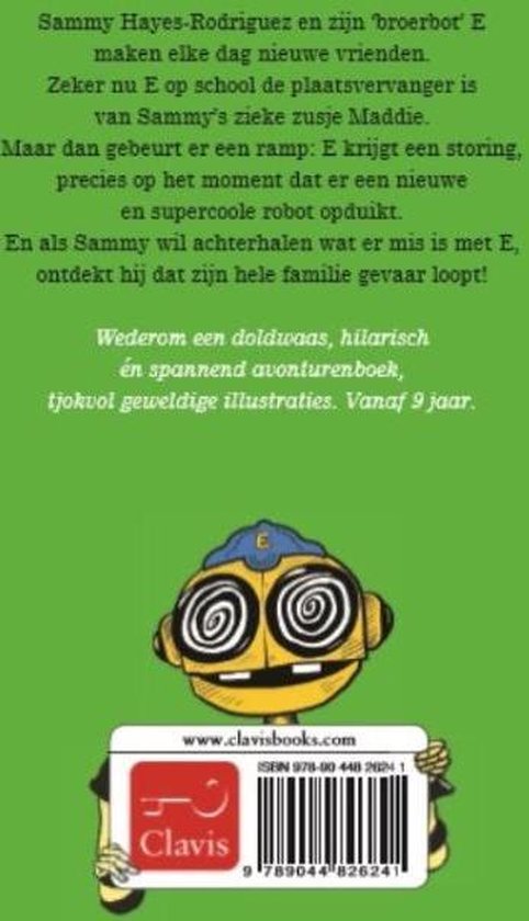 Gekleurde illustratie van een gele robot met zwarte details en een gesloten oog, zittend op een boek. Titel: Robots op hol.