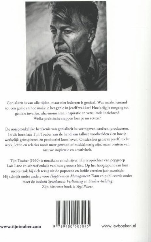 Boekcover 'Het geheim van genialiteit' met zwart-witfoto van Tijn Touber.