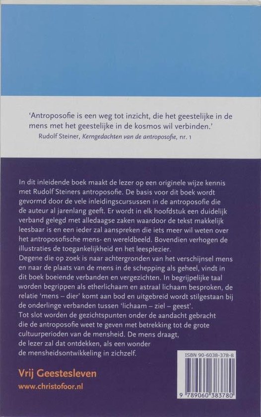 Achterkant van het boek 'Antroposofie - Een kennismaking' met tekst over het onderwerp en uitgever.