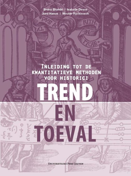Livre "Trend en Toeval", une introduction aux méthodes quantitatives pour historiens, avec une illustration de figures historiques et d'instruments de calcul.