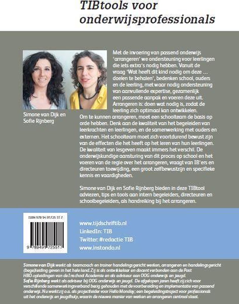 Achterkant TIBtools voor onderwijsprofessionals met foto van Simone van Dijk en Sofie Rijnberg.