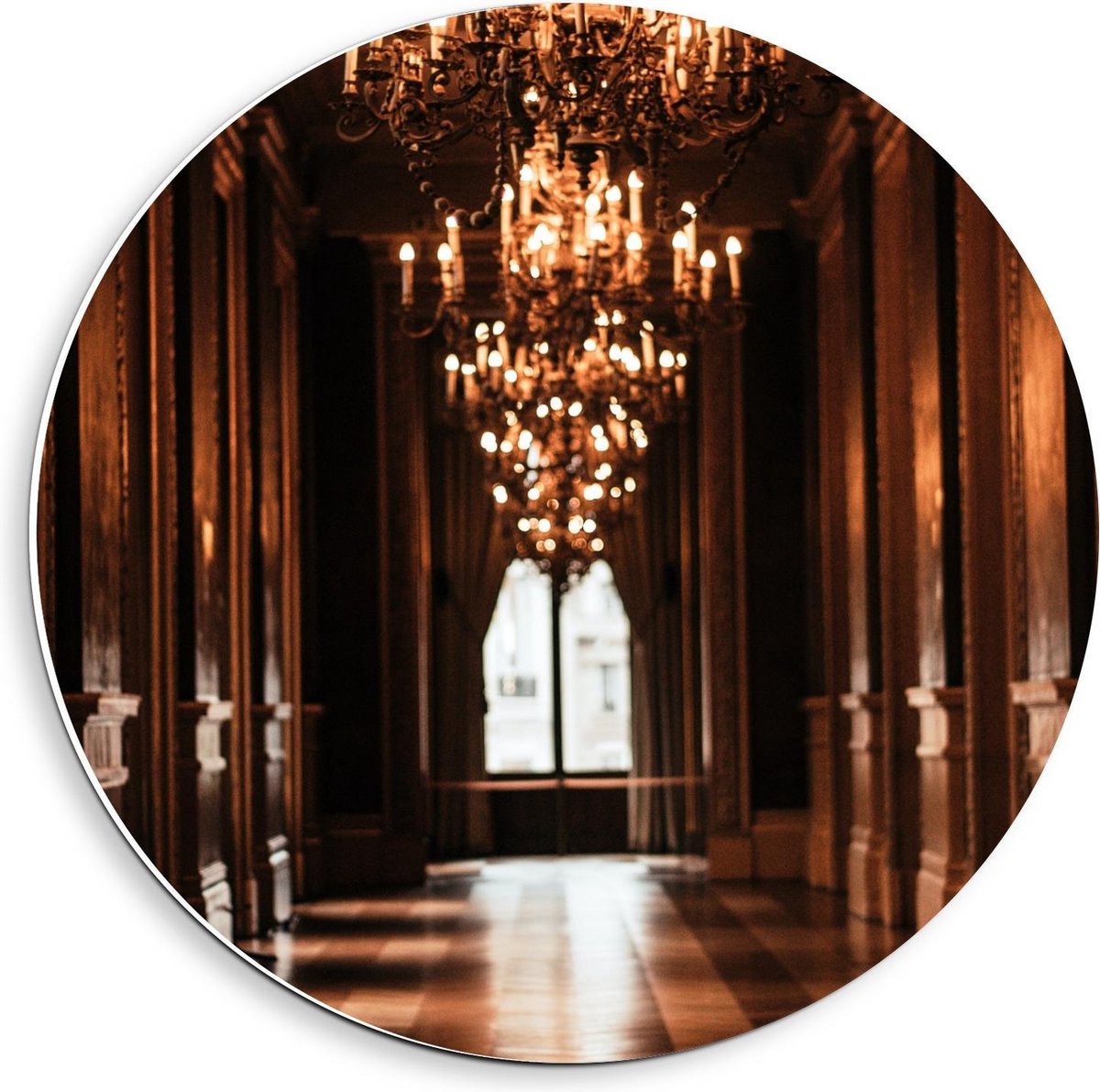 Forex Wandcirkel - Gang in Paleis met Kroonluchter - 40x40cm Foto op Wandcirkel (met ophan