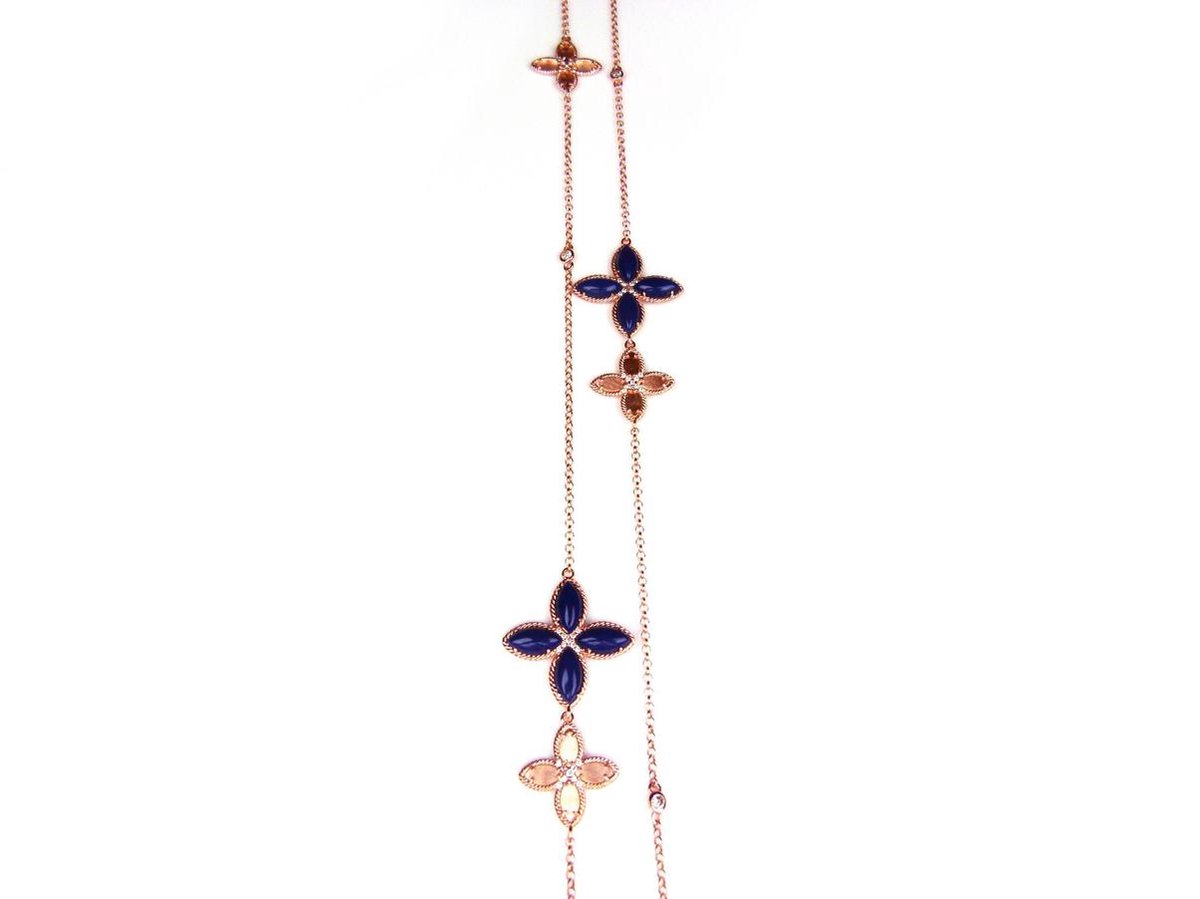Lange zilveren collier halsketting roos goud verguld Model Delicate Feminine gezet met blauwe stenen