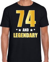 74 and legendary verjaardag cadeau t-shirt / shirt - zwart - gouden en witte letters - voor heren - 74 jaar verjaardag kado shirt / outfit L
