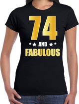 74 and fabulous verjaardag cadeau t-shirt / shirt - zwart - gouden en witte letters - voor dames - 74 jaar verjaardag kado shirt / outfit 2XL