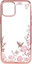 iPhone 12 (Pro) - hoes, cover, case - TPU - Bloemen en vlinders roze