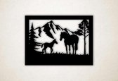 Wanddecoratie - Wandpaneel paard met veulen - XS - 22x30cm - Zwart - muurdecoratie - Line Art