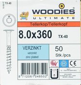 Woodies tellerkopschroeven 8.0x360 verzinkt T-40 deeldraad 50 stuks