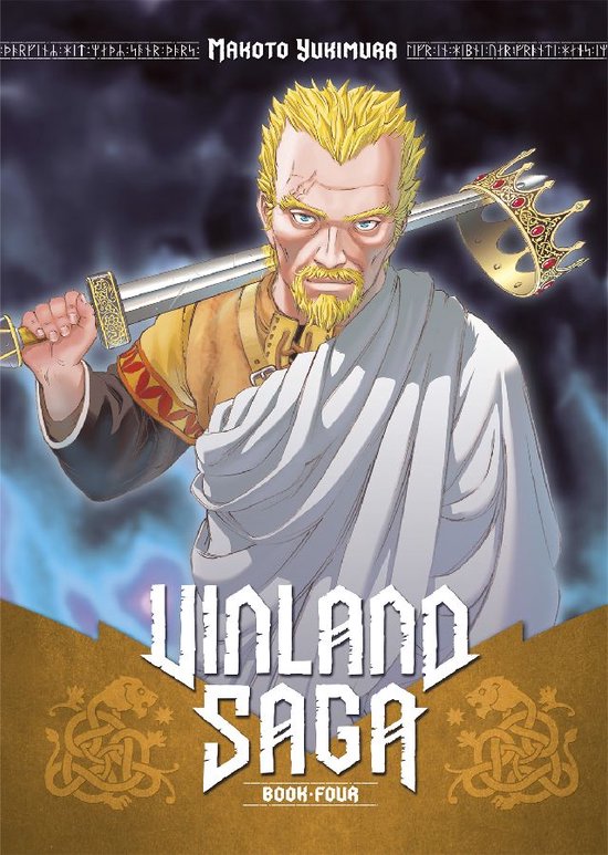 Boek 4 van Vinland Saga met een blonde man met baard die een zwaard op zijn schouder draagt, met een kroon op de achtergrond.