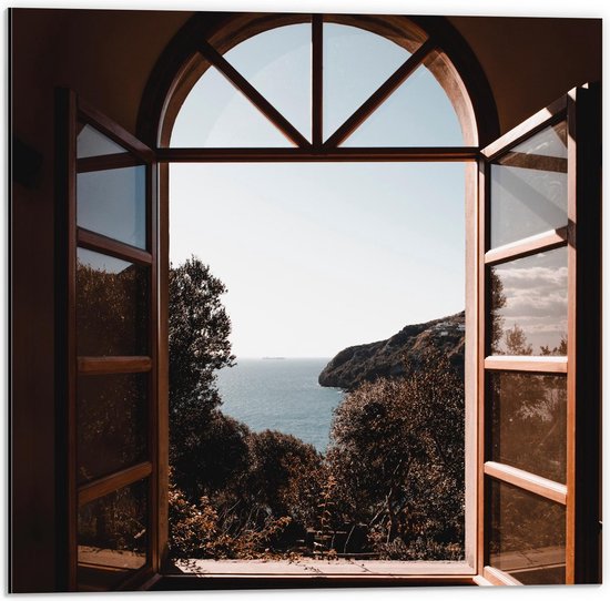 Dibond - Fenêtre avec Belle Vue Montagnes et Mer - Photo 50x50cm sur Aluminium (Avec Système de Suspension)