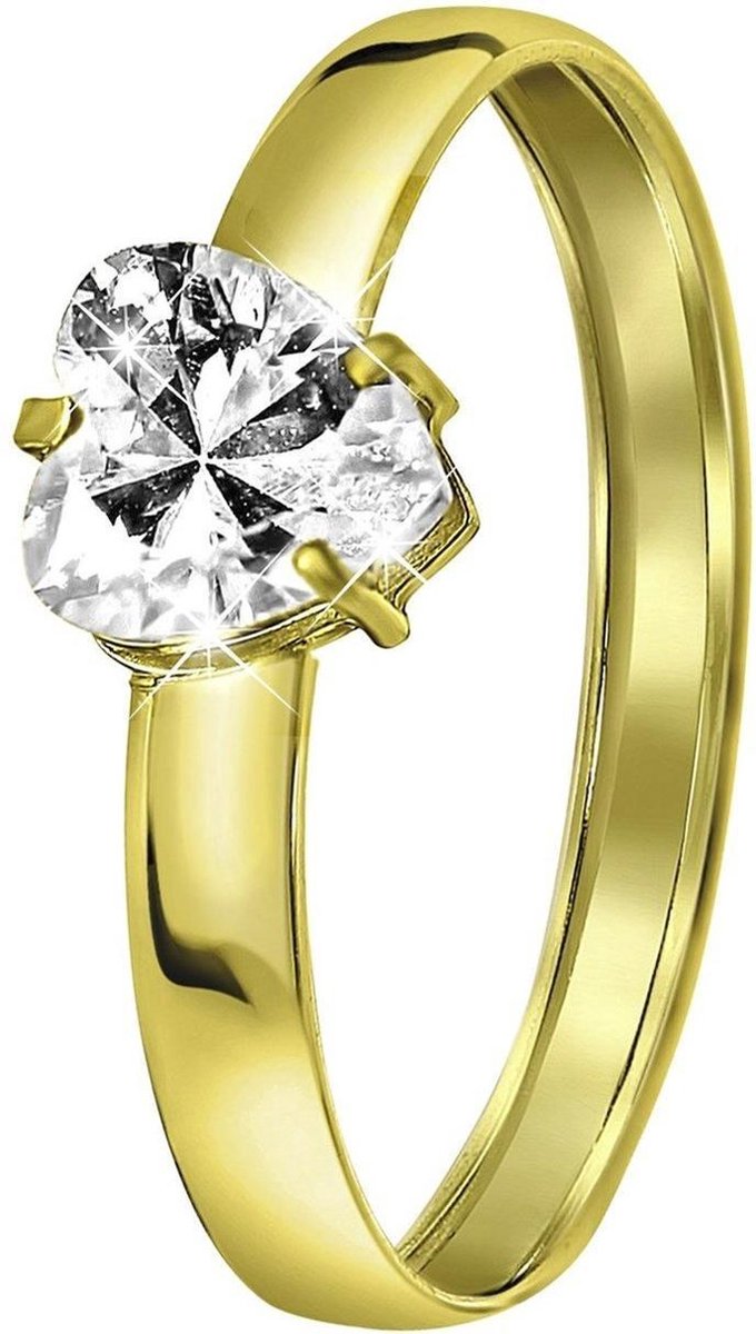 Lucardi Dames Ring met hartvormige zirkonia - Ring - Cadeau - 9 Karaat - Geelgoud