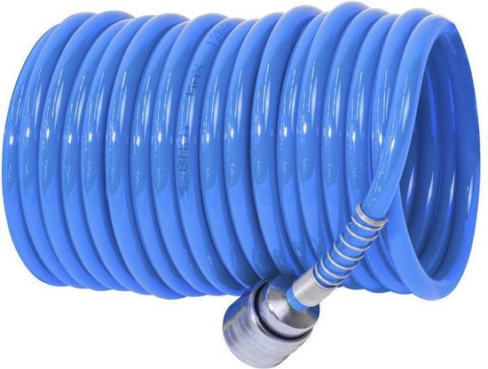 Opgerolde blauwe spiraalslang met metalen koppeling.