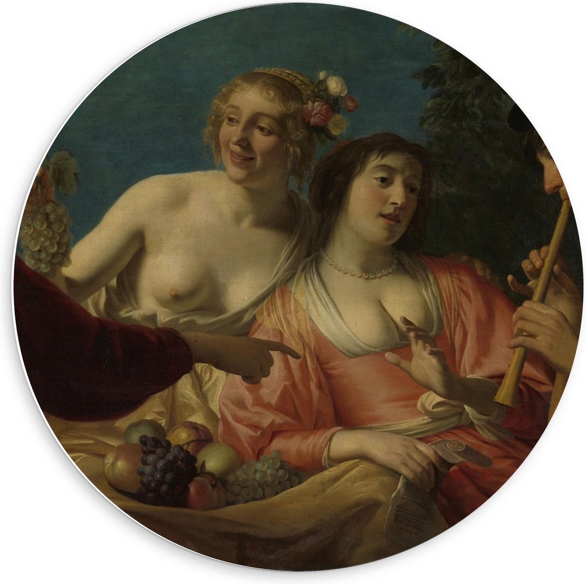 KuijsFotoprint Schilderij - Oude Meesters Fluitspelende Herder Herderinne. Gerard V Honthorst - Blauw, Bruin En Roze - 60 X 60 Cm