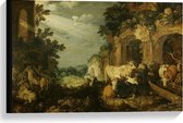 Canvas  - Oude Meesters - Landschap met ruïnes, vee en herten, Roelandt Savery - 60x40cm Foto op Canvas Schilderij (Wanddecoratie op Canvas)