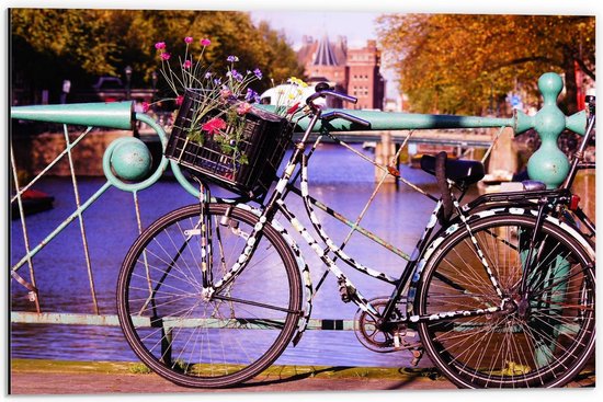 Dibond - Fiets voor de Gracht met Bloemen  - 60x40cm Foto op Aluminium (Met Ophangsysteem)