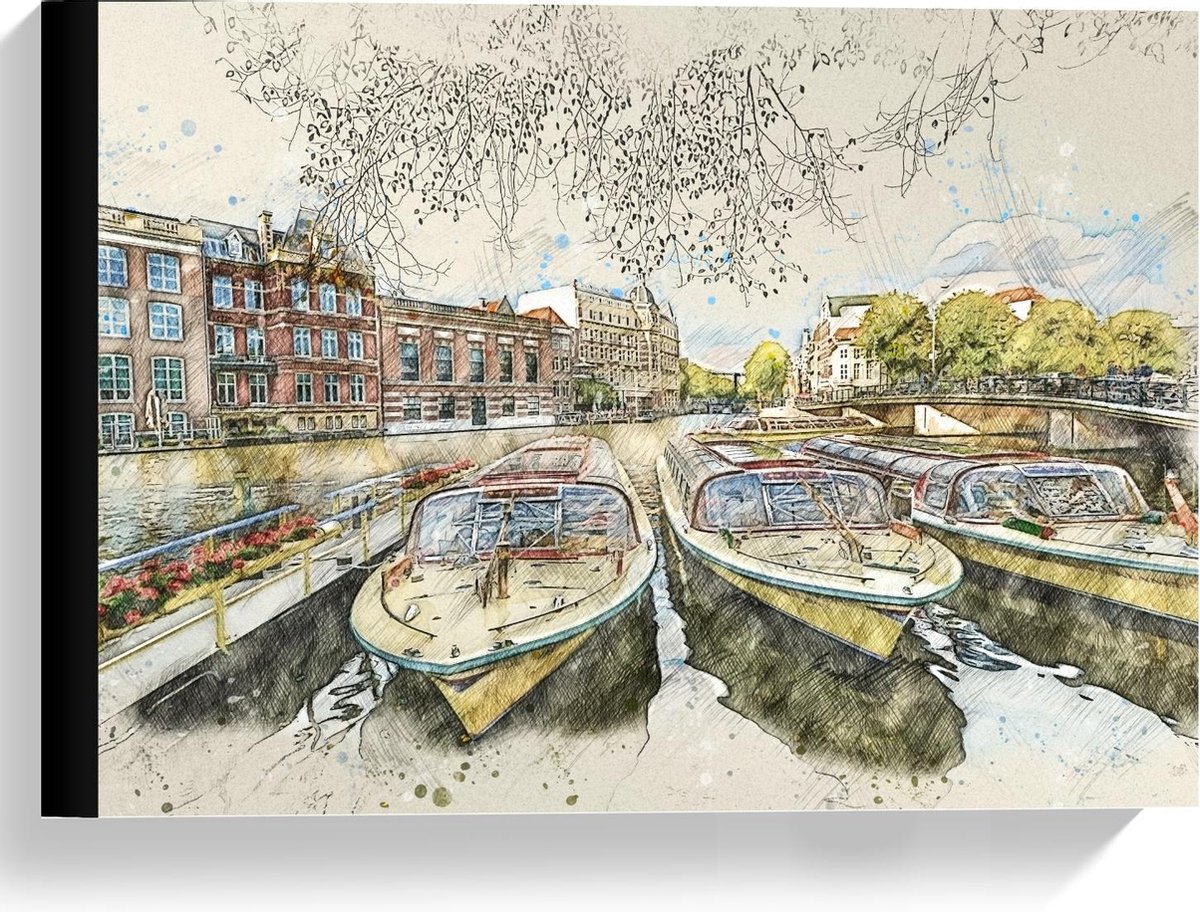 Canvas Boten in Gracht Getekend 40x30cm Foto op Canvas