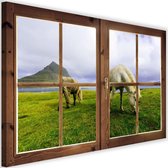 Schilderij Uitzicht op paarden, 2 maten, bruin raam, Premium print