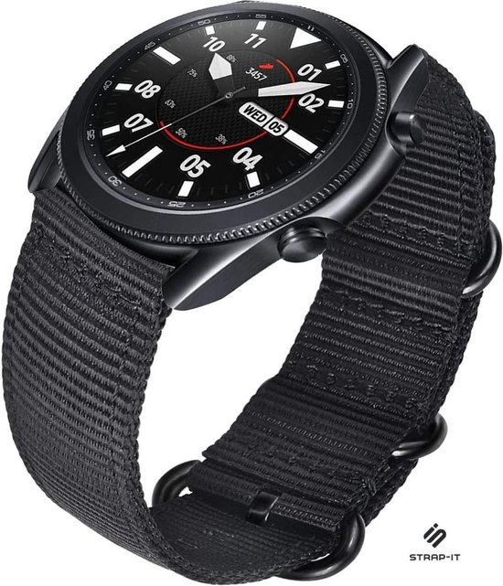 Strap-it Samsung Galaxy Watch 3 - 45mm nylon gesp band - zwart | bol.com