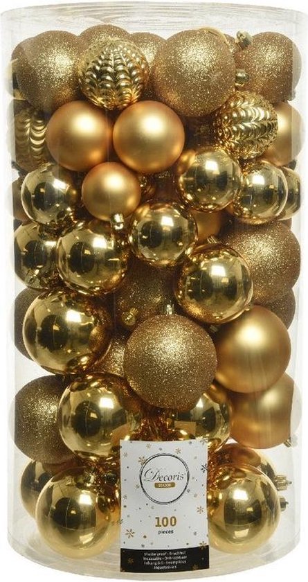 100x Gouden kerstballen 4-5-6-7-8 cm - Glans en glitter - Mix - Onbreekbare  plastic... | bol.com