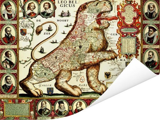Carte historique 'Leo Belgicus' sur fond blanc, avec des portraits et des illustrations cartographiques.