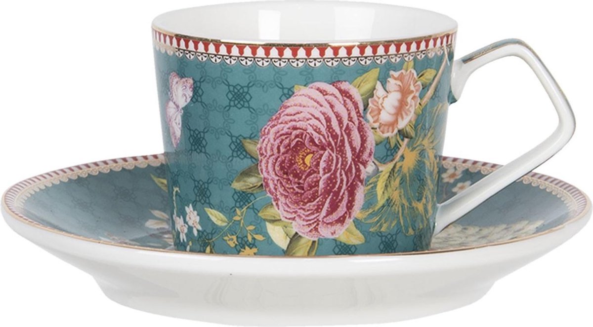 Clayre & Eef Kop en schotel 200 ml Blauw Porselein Rond Bloemen Servies Cadeau voor haar Cappuccino
