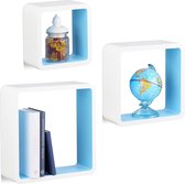 Relaxdays wandplanken cube - set van 3 - wandboard - zwevende wandkubussen - MDF - kubus - wit-blauw