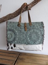 Hand/schouder XXL tas van canvas en leer