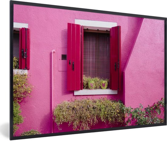 schetsen pik Middelen Fotolijst incl. Poster - Bloempotten met harten in een raam met roze luiken  - 120x80... | bol.com